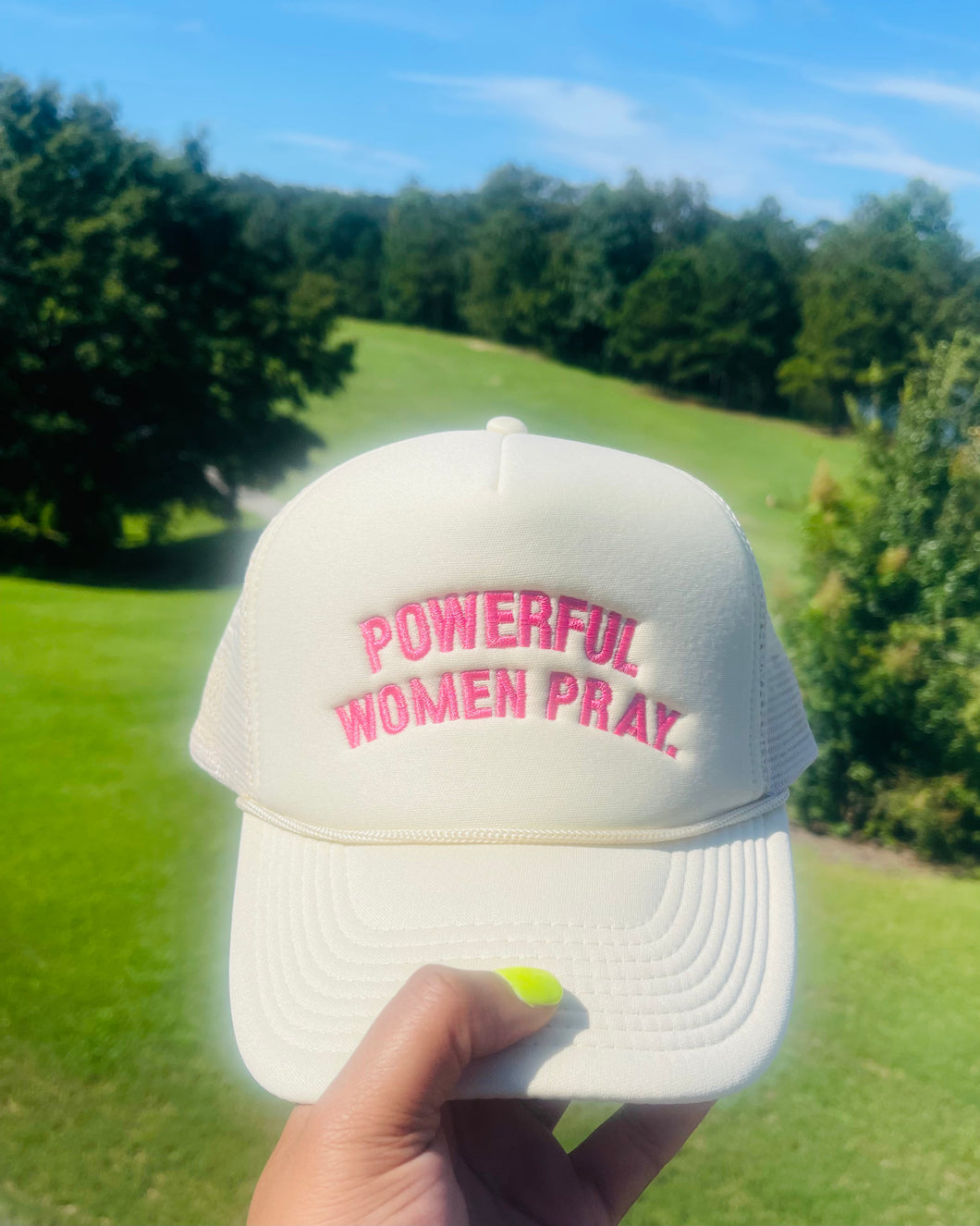 Powerful Women Pray Trucker Hat ( Cream/Pink)
